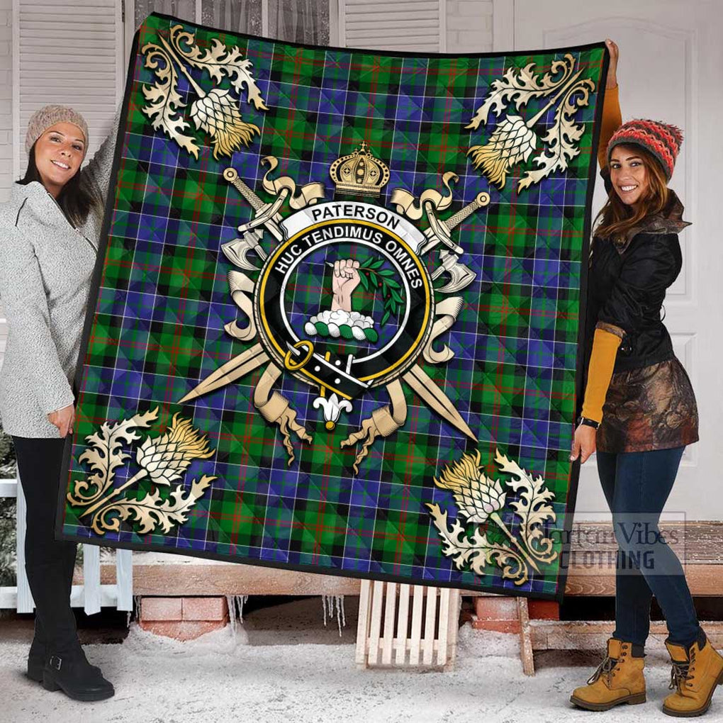 Tartan Vibes Clothing Paterson Tartan Quilt with Family Crest and Scottish Golden Courage Shield