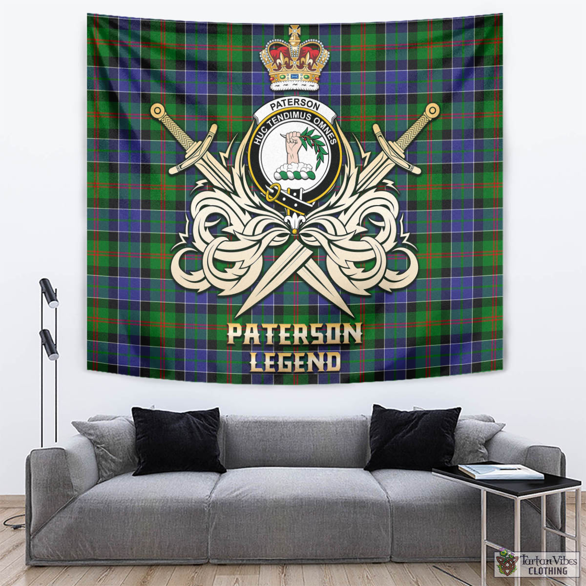 Tartan Vibes Clothing Paterson Tartan Tapestry with Clan Crest and the Golden Sword of Courageous Legacy