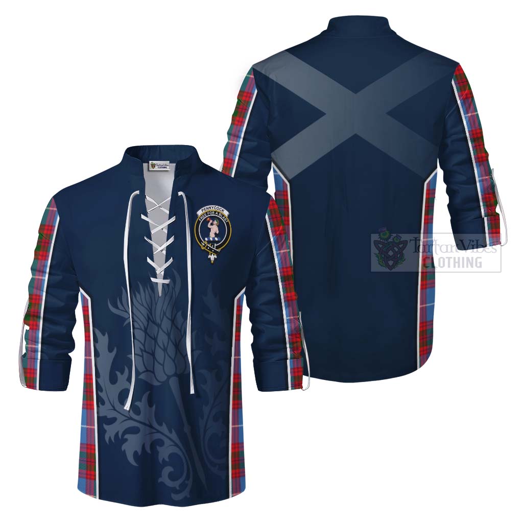 Tartan Vibes Clothing Pennycook Tartan Ghillie Kilt Shirt with Family Crest and Scottish Thistle Vibes Sport Style