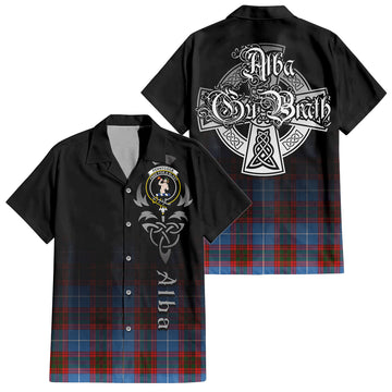 Pennycook Tartan Short Sleeve Button Up Shirt Featuring Alba Gu Brath Family Crest Celtic Inspired