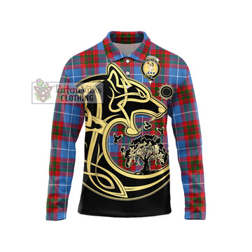 Pennycook Tartan Long Sleeve Polo Shirt with Family Crest Celtic Wolf Style