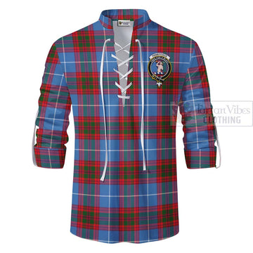 Pennycook Tartan Ghillie Kilt Shirt with Family Crest and Bearded Skull Holding Bottles of Whiskey