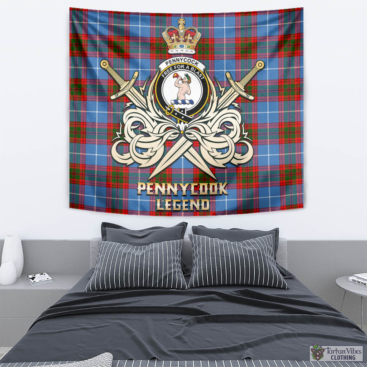 Tartan Vibes Clothing Pennycook Tartan Tapestry with Clan Crest and the Golden Sword of Courageous Legacy