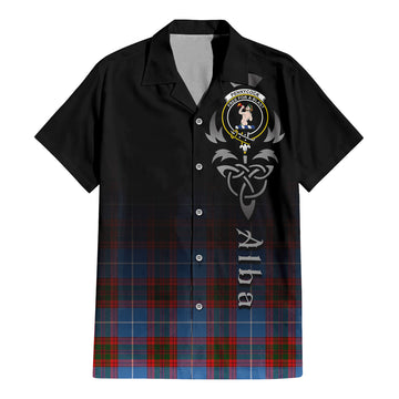 Pennycook Tartan Short Sleeve Button Up Shirt Featuring Alba Gu Brath Family Crest Celtic Inspired