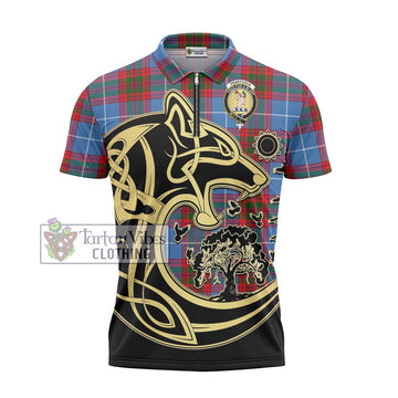 Pennycook Tartan Zipper Polo Shirt with Family Crest Celtic Wolf Style