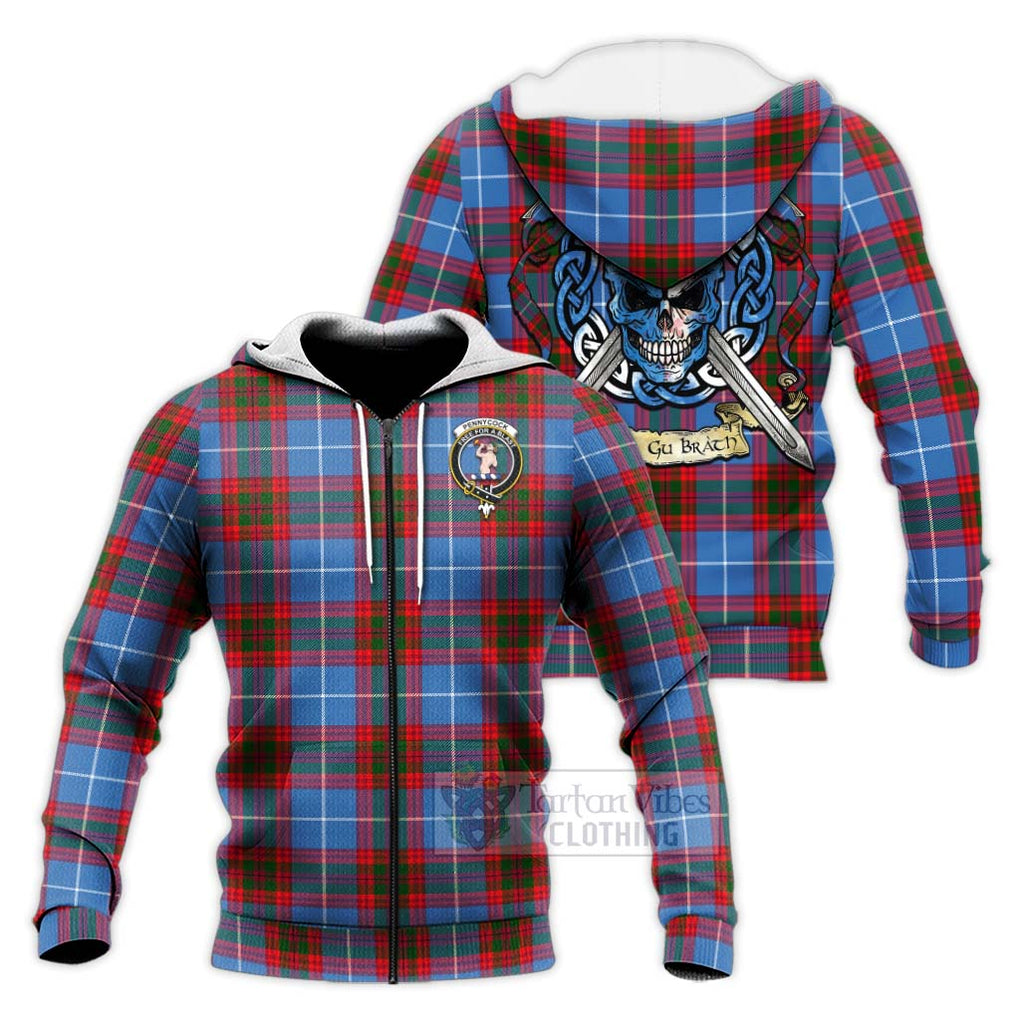 Tartan Vibes Clothing Pennycook Tartan Knitted Hoodie with Family Crest Celtic Skull Style