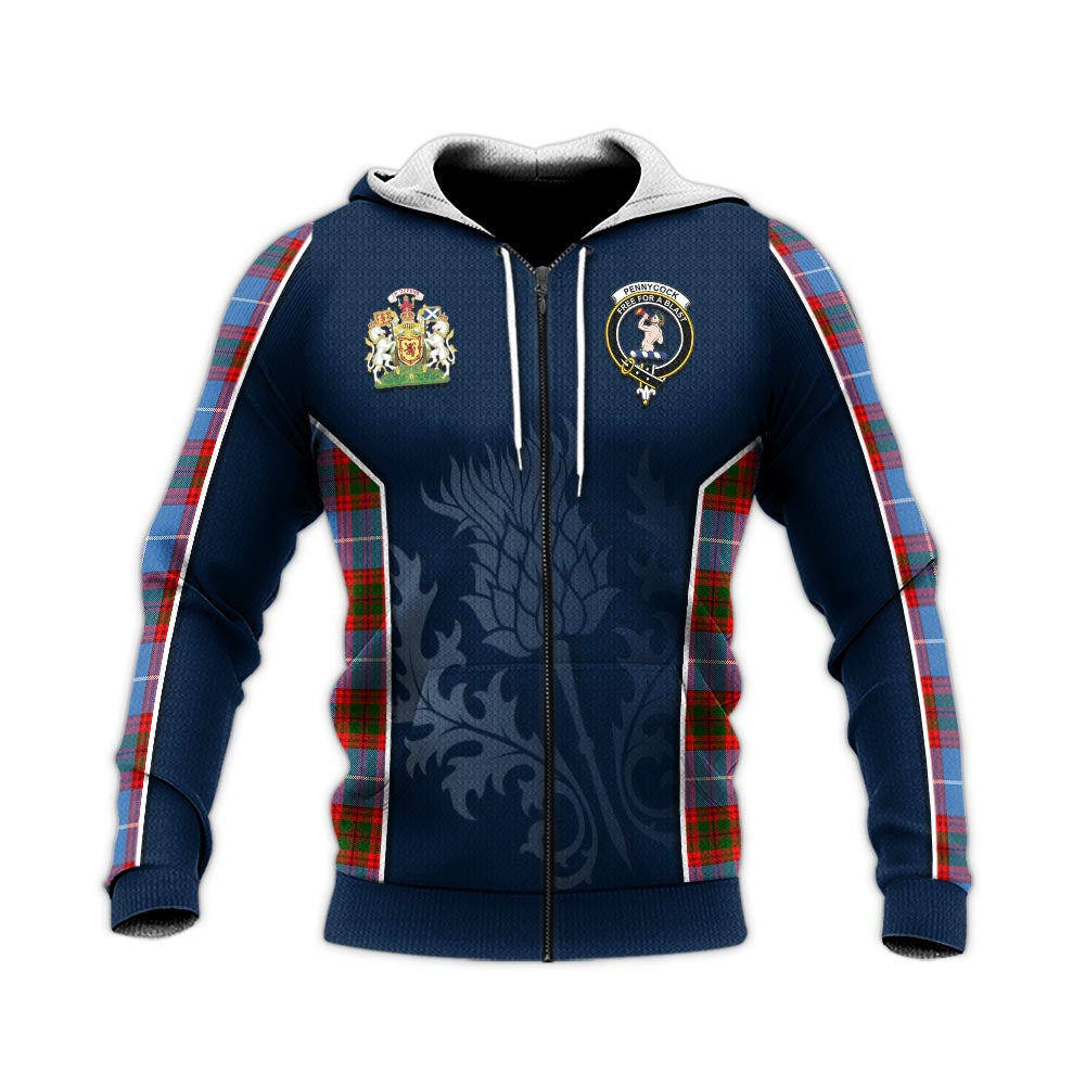 Tartan Vibes Clothing Pennycook Tartan Knitted Hoodie with Family Crest and Scottish Thistle Vibes Sport Style