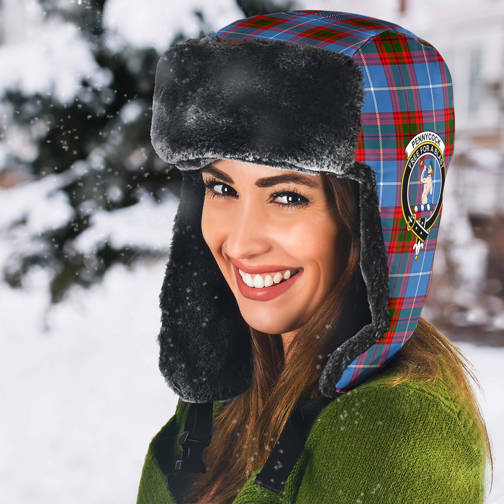 Pennycook Tartan Winter Trapper Hat with Family Crest - Tartanvibesclothing