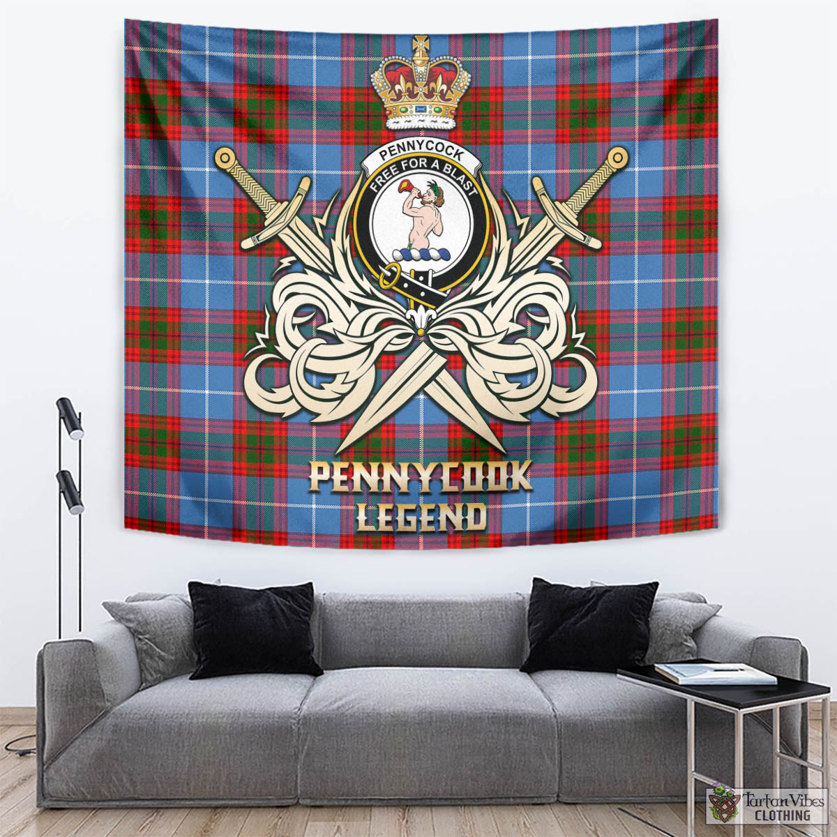 Tartan Vibes Clothing Pennycook Tartan Tapestry with Clan Crest and the Golden Sword of Courageous Legacy