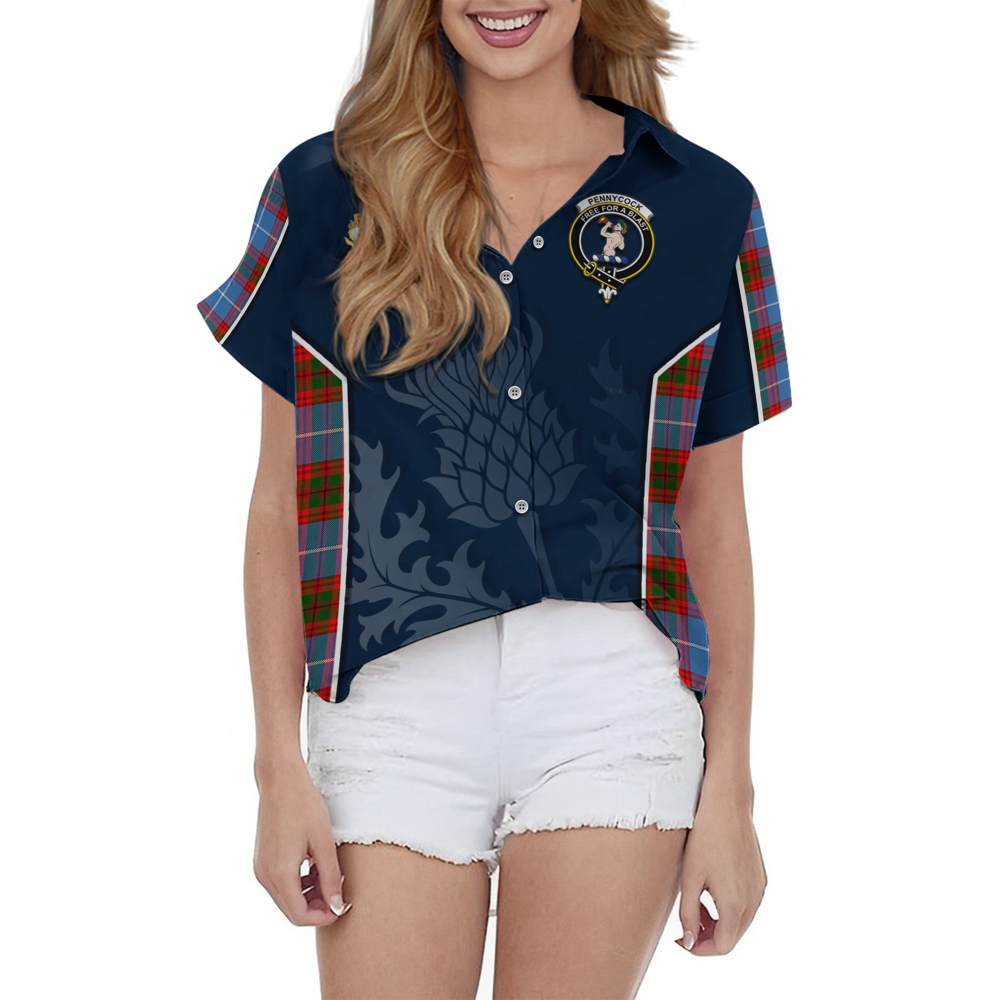 Tartan Vibes Clothing Pennycook Tartan Short Sleeve Button Up Shirt with Family Crest and Scottish Thistle Vibes Sport Style