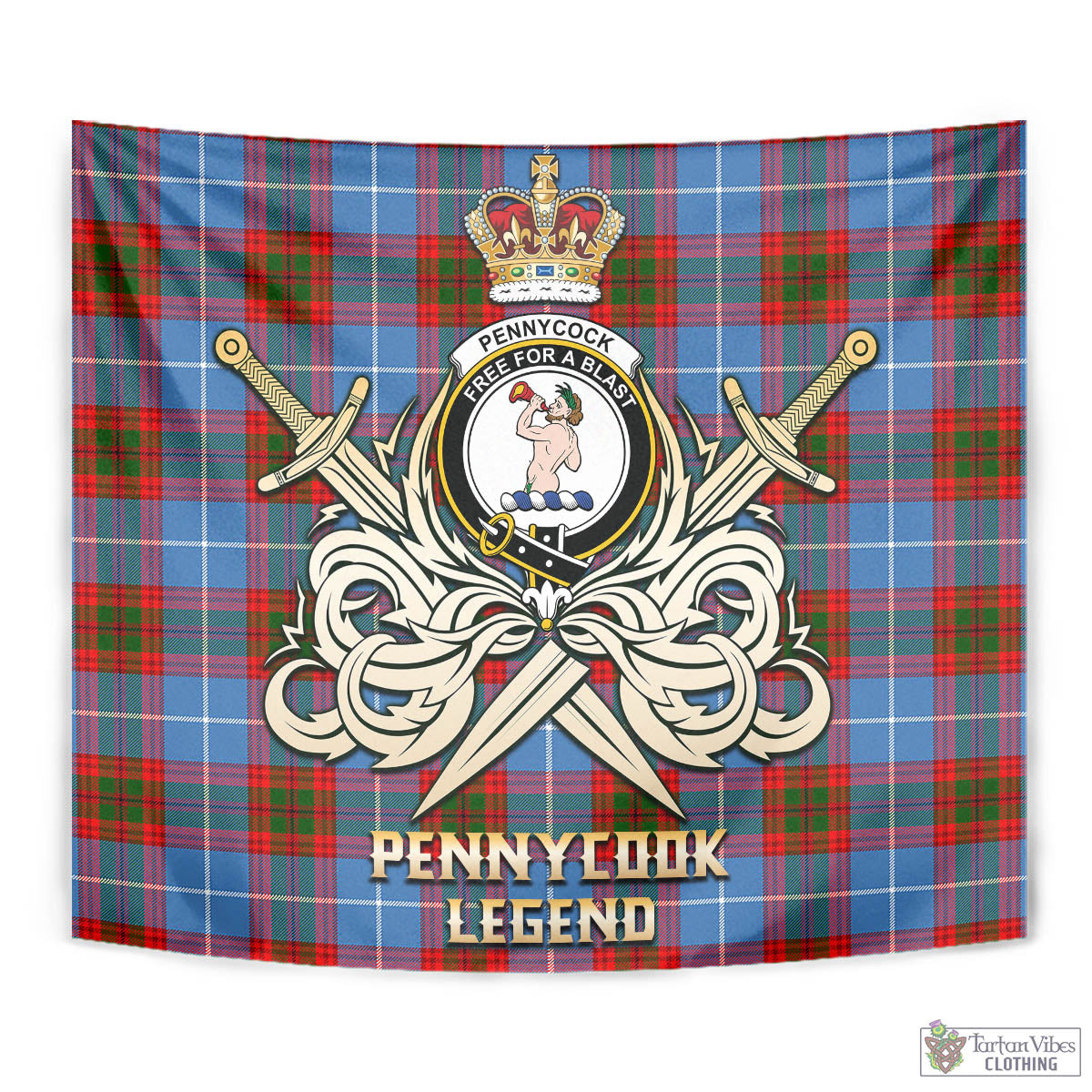 Tartan Vibes Clothing Pennycook Tartan Tapestry with Clan Crest and the Golden Sword of Courageous Legacy