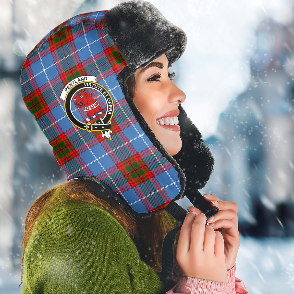 Pentland Tartan Winter Trapper Hat with Family Crest Winter Trapper Hat Universal Fit Circumference 22.8in (58cm) - Tartan Vibes Clothing