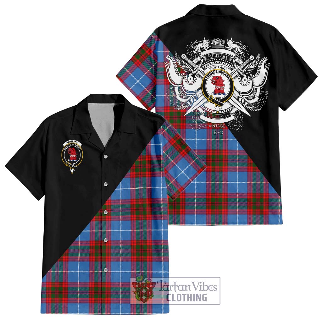 Tartan Vibes Clothing Pentland Tartan Short Sleeve Button Shirt with Family Crest and Military Logo Style