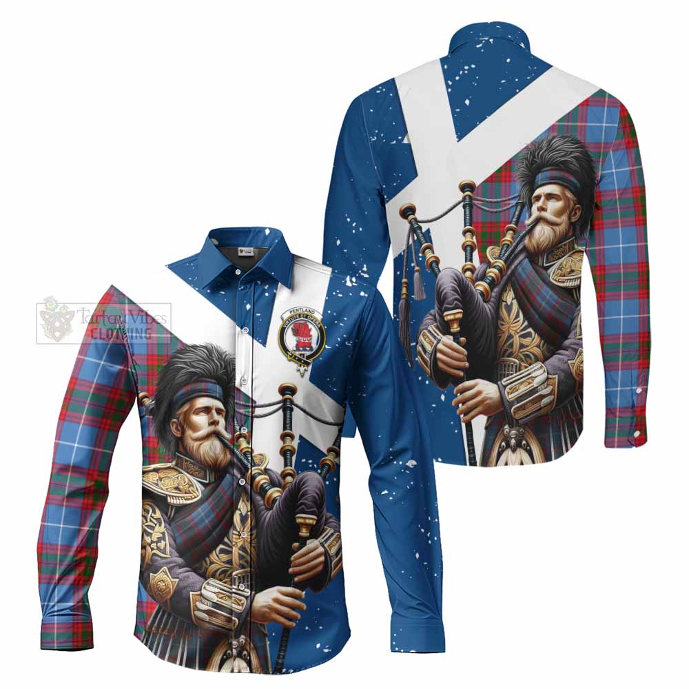 Pentland Tartan Long Sleeve Button Shirt with Family Crest Scottish Bagpiper Vibes Men's Shirt - Tartan Vibes Clothing