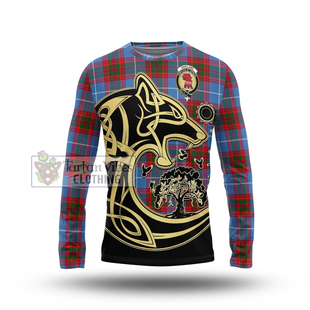 Tartan Vibes Clothing Pentland Tartan Long Sleeve T-Shirt with Family Crest Celtic Wolf Style