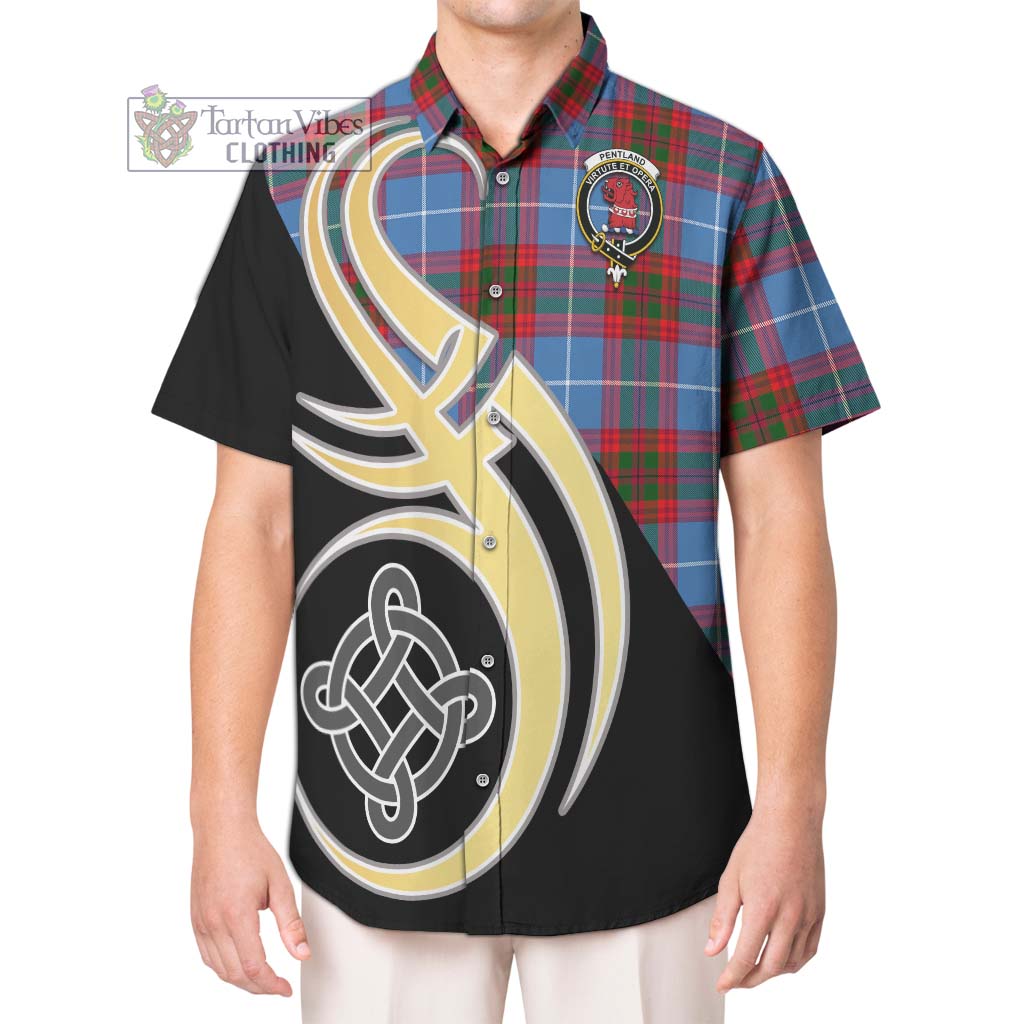 Tartan Vibes Clothing Pentland Tartan Short Sleeve Button Shirt with Family Crest and Celtic Symbol Style