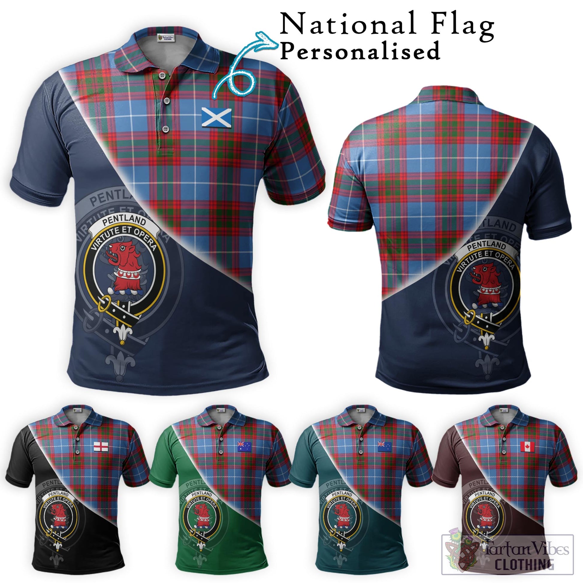 Tartan Vibes Clothing Pentland Tartan Polo Shirt with Personalised National Flag and Family Crest Half Style