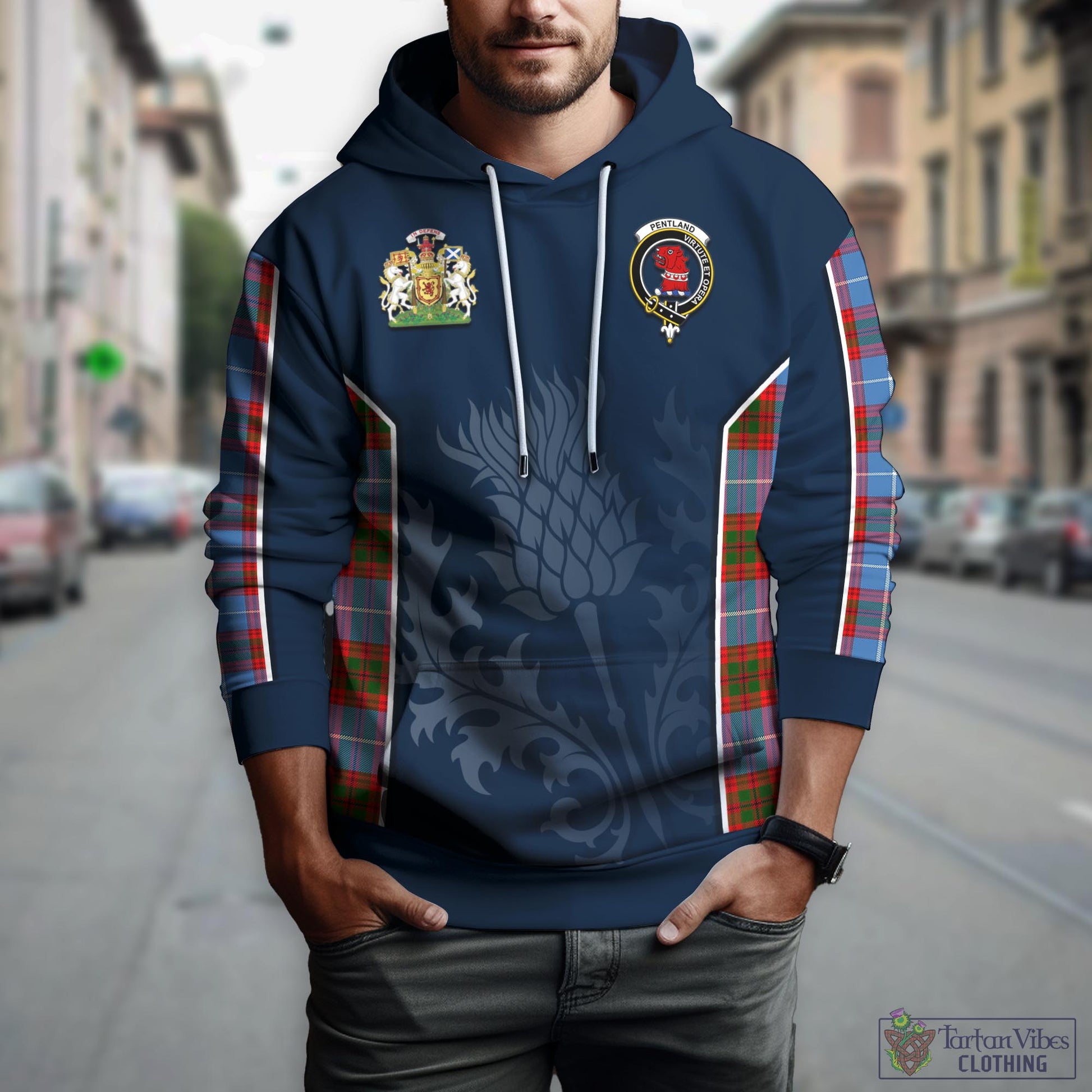 Tartan Vibes Clothing Pentland Tartan Hoodie with Family Crest and Scottish Thistle Vibes Sport Style