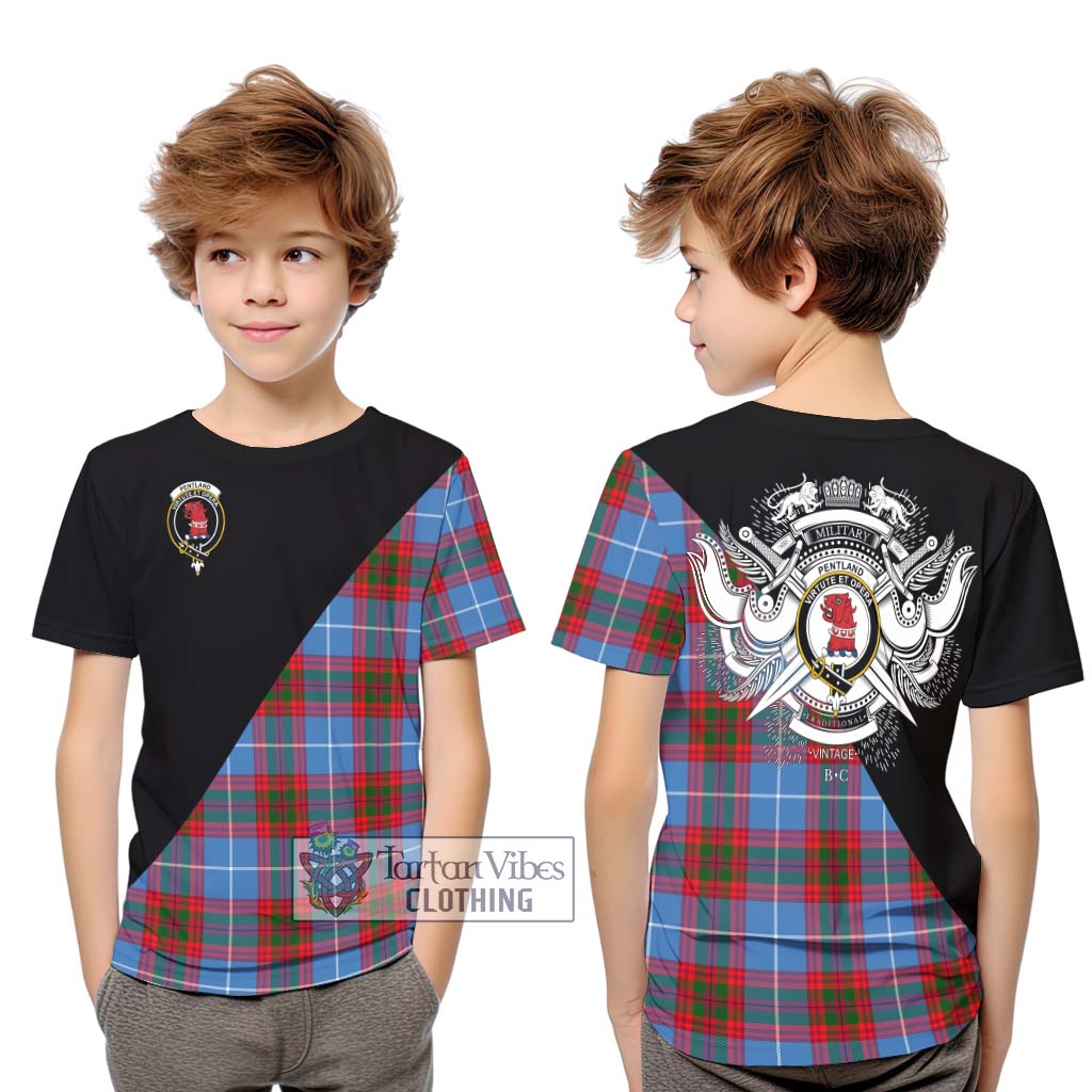 Tartan Vibes Clothing Pentland Tartan Kid T-Shirt with Family Crest and Military Logo Style