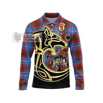 Pentland Tartan Long Sleeve Polo Shirt with Family Crest Celtic Wolf Style