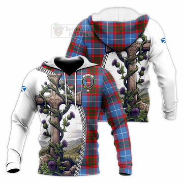 Pentland Tartan Knitted Hoodie with Family Crest and St. Andrew's Cross Accented by Thistle Vines