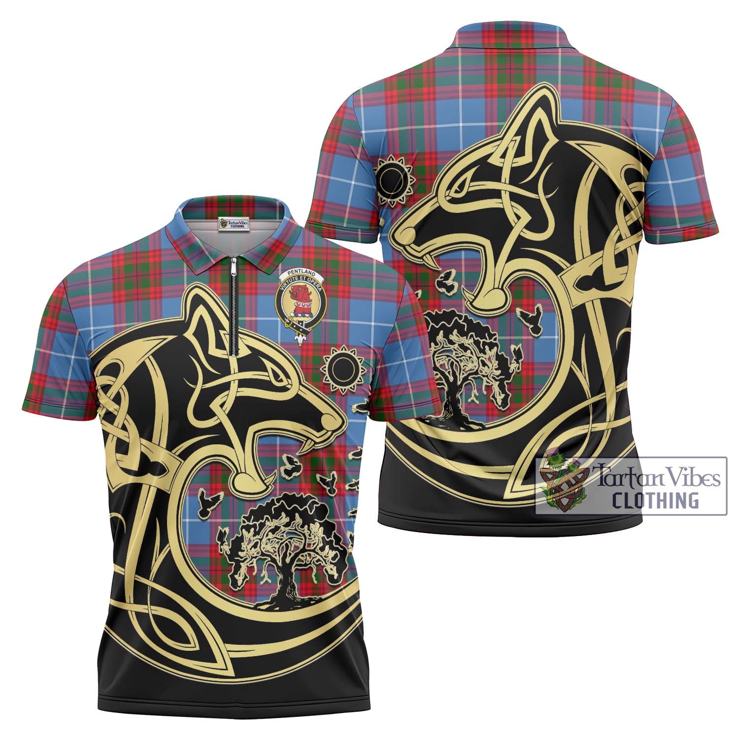 Tartan Vibes Clothing Pentland Tartan Zipper Polo Shirt with Family Crest Celtic Wolf Style