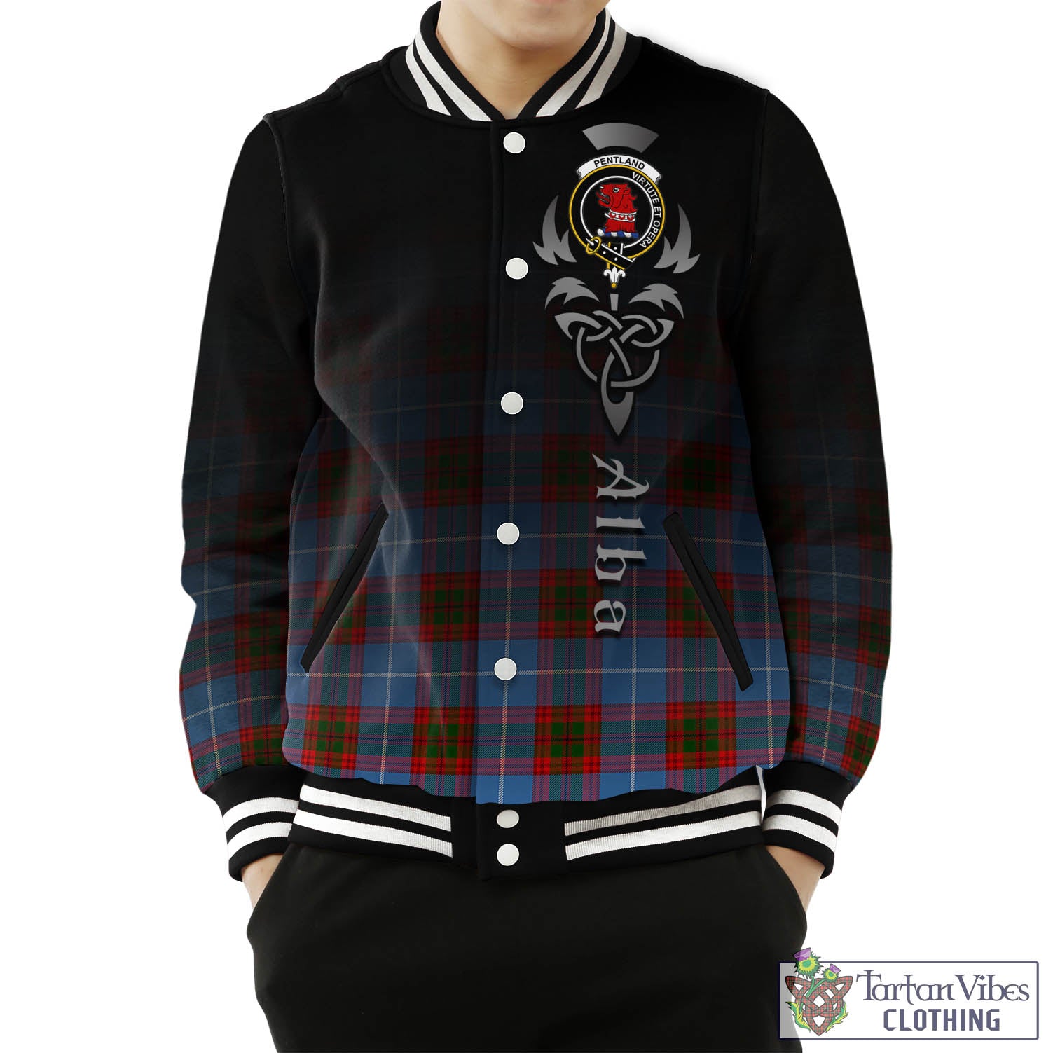 Tartan Vibes Clothing Pentland Tartan Baseball Jacket Featuring Alba Gu Brath Family Crest Celtic Inspired