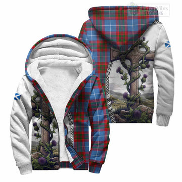 Pentland Tartan Sherpa Hoodie with Family Crest and St. Andrew's Cross Accented by Thistle Vines Unisex S - Tartan Vibes Clothing