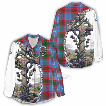 Pentland Tartan Women's Casual Shirt with Family Crest and St. Andrew's Cross Accented by Thistle Vines - Tartan Vibes Clothing