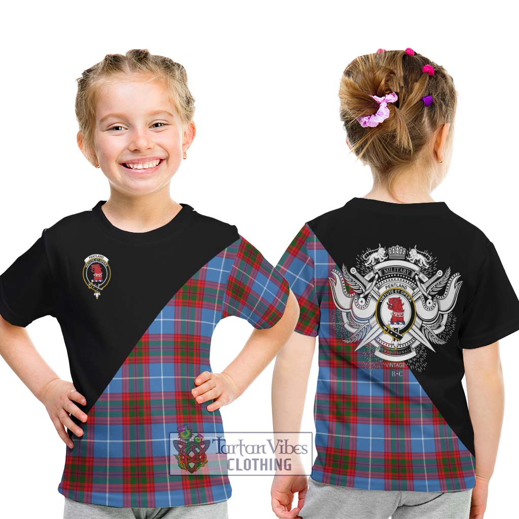 Tartan Vibes Clothing Pentland Tartan Kid T-Shirt with Family Crest and Military Logo Style