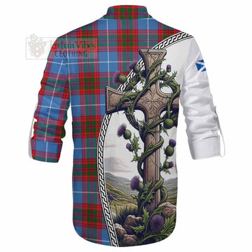 Pentland Tartan Ghillie Kilt Shirt with Family Crest and St. Andrew's Cross Accented by Thistle Vines - Tartan Vibes Clothing