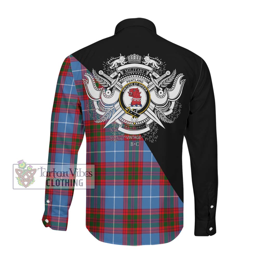 Tartan Vibes Clothing Pentland Tartan Long Sleeve Button Shirt with Family Crest and Military Logo Style