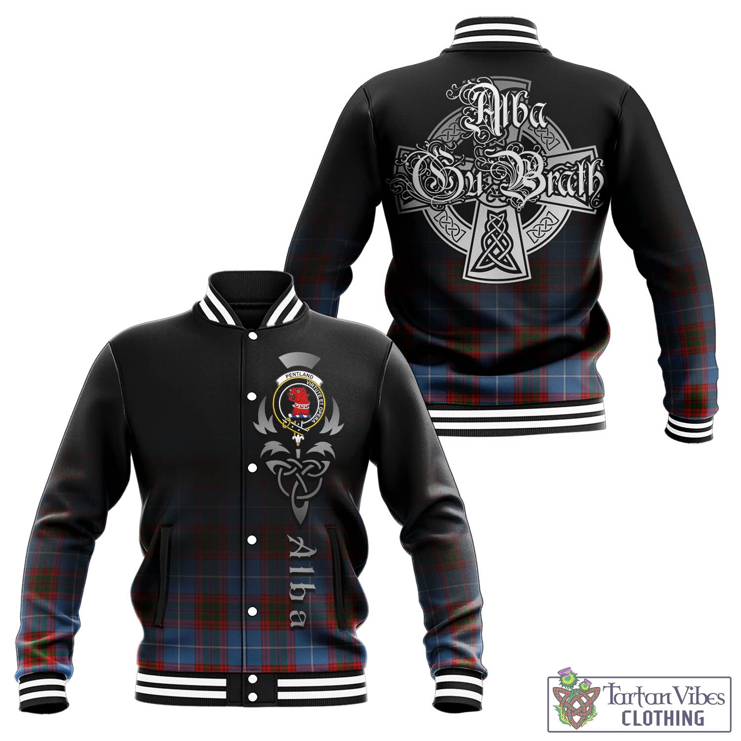 Tartan Vibes Clothing Pentland Tartan Baseball Jacket Featuring Alba Gu Brath Family Crest Celtic Inspired