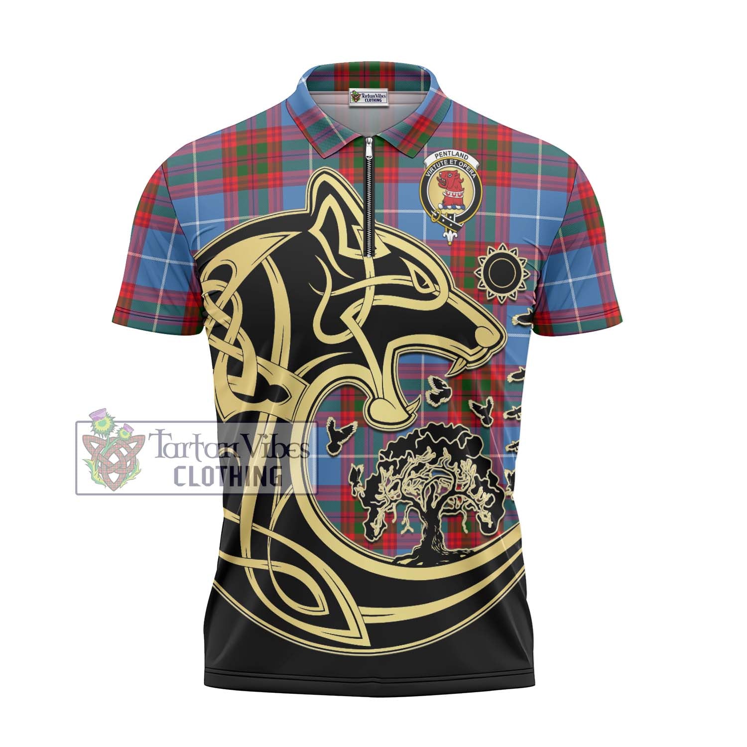 Tartan Vibes Clothing Pentland Tartan Zipper Polo Shirt with Family Crest Celtic Wolf Style