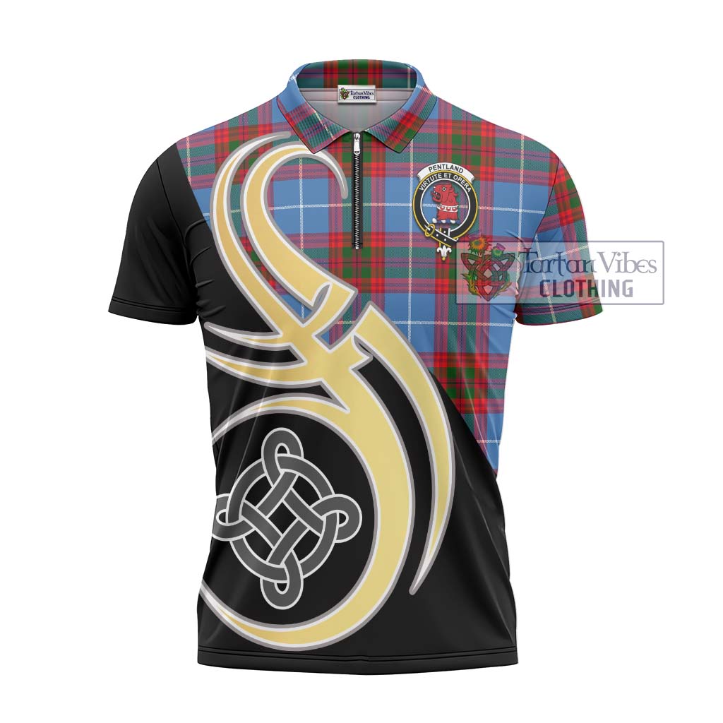 Tartan Vibes Clothing Pentland Tartan Zipper Polo Shirt with Family Crest and Celtic Symbol Style