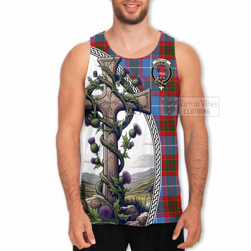 Pentland Tartan Men's Tank Top with Family Crest and St. Andrew's Cross Accented by Thistle Vines - Tartan Vibes Clothing