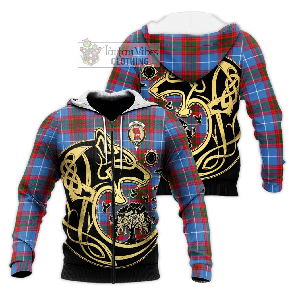 Tartan Vibes Clothing Pentland Tartan Knitted Hoodie with Family Crest Celtic Wolf Style