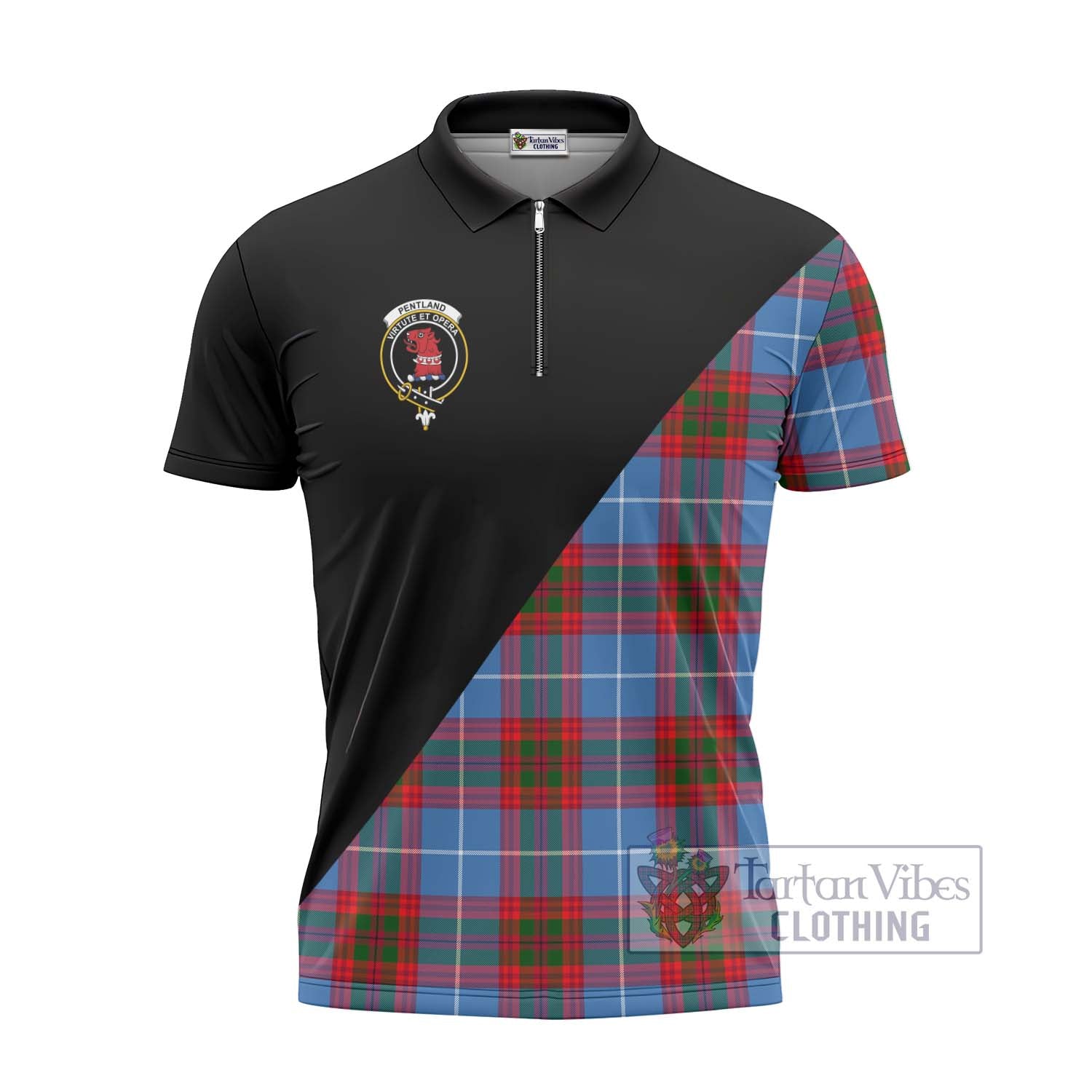 Tartan Vibes Clothing Pentland Tartan Zipper Polo Shirt with Family Crest and Military Logo Style