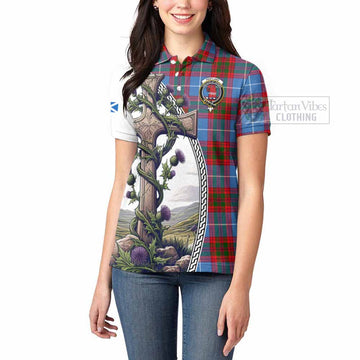 Pentland Tartan Women's Polo Shirt with Family Crest and St. Andrew's Cross Accented by Thistle Vines - Tartan Vibes Clothing