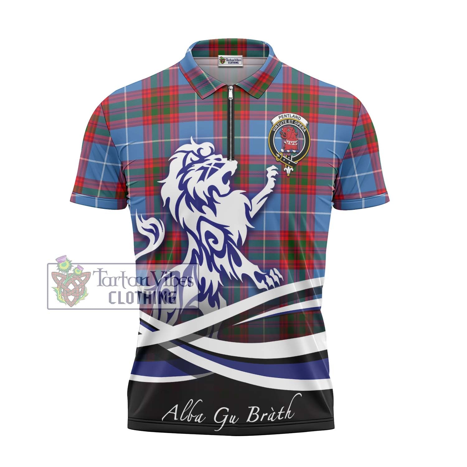 Tartan Vibes Clothing Pentland Tartan Zipper Polo Shirt with Alba Gu Brath Regal Lion Emblem