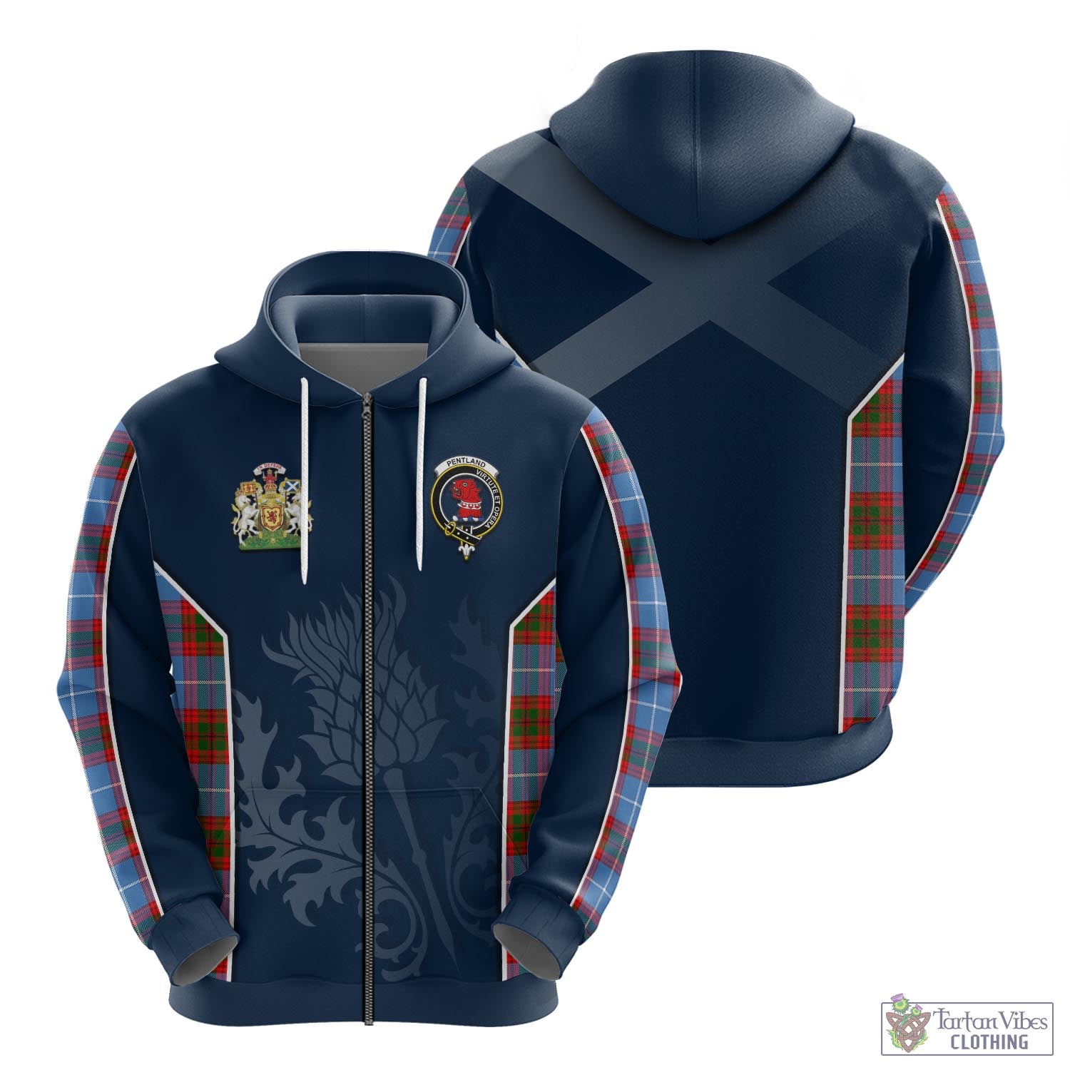 Tartan Vibes Clothing Pentland Tartan Hoodie with Family Crest and Scottish Thistle Vibes Sport Style