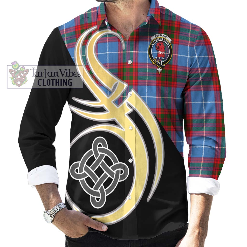 Pentland Tartan Long Sleeve Button Shirt with Family Crest and Celtic Symbol Style - Tartan Vibes Clothing