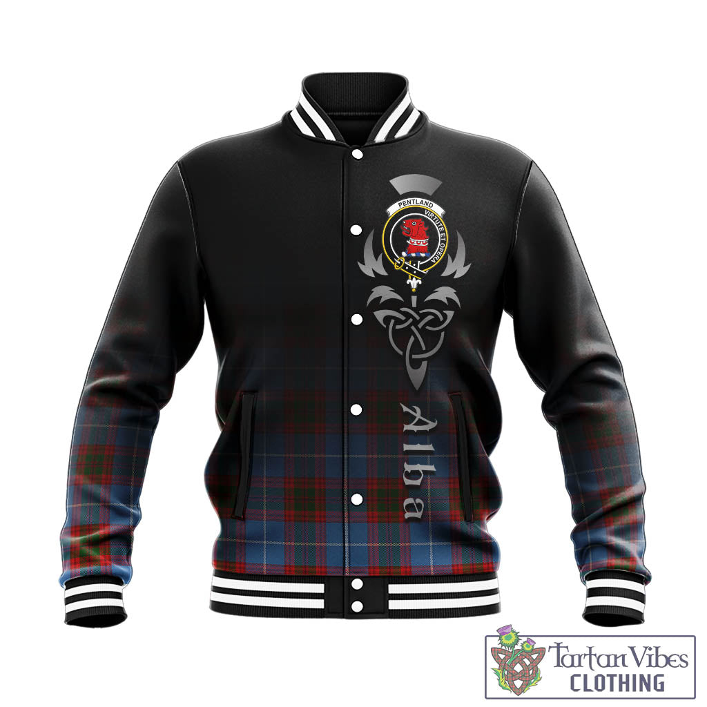 Tartan Vibes Clothing Pentland Tartan Baseball Jacket Featuring Alba Gu Brath Family Crest Celtic Inspired