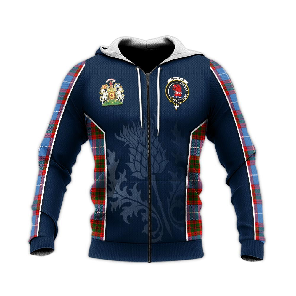 Tartan Vibes Clothing Pentland Tartan Knitted Hoodie with Family Crest and Scottish Thistle Vibes Sport Style