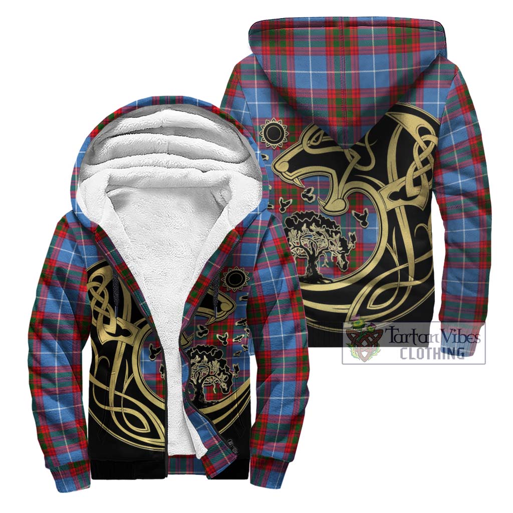 Tartan Vibes Clothing Pentland Tartan Sherpa Hoodie with Family Crest Celtic Wolf Style