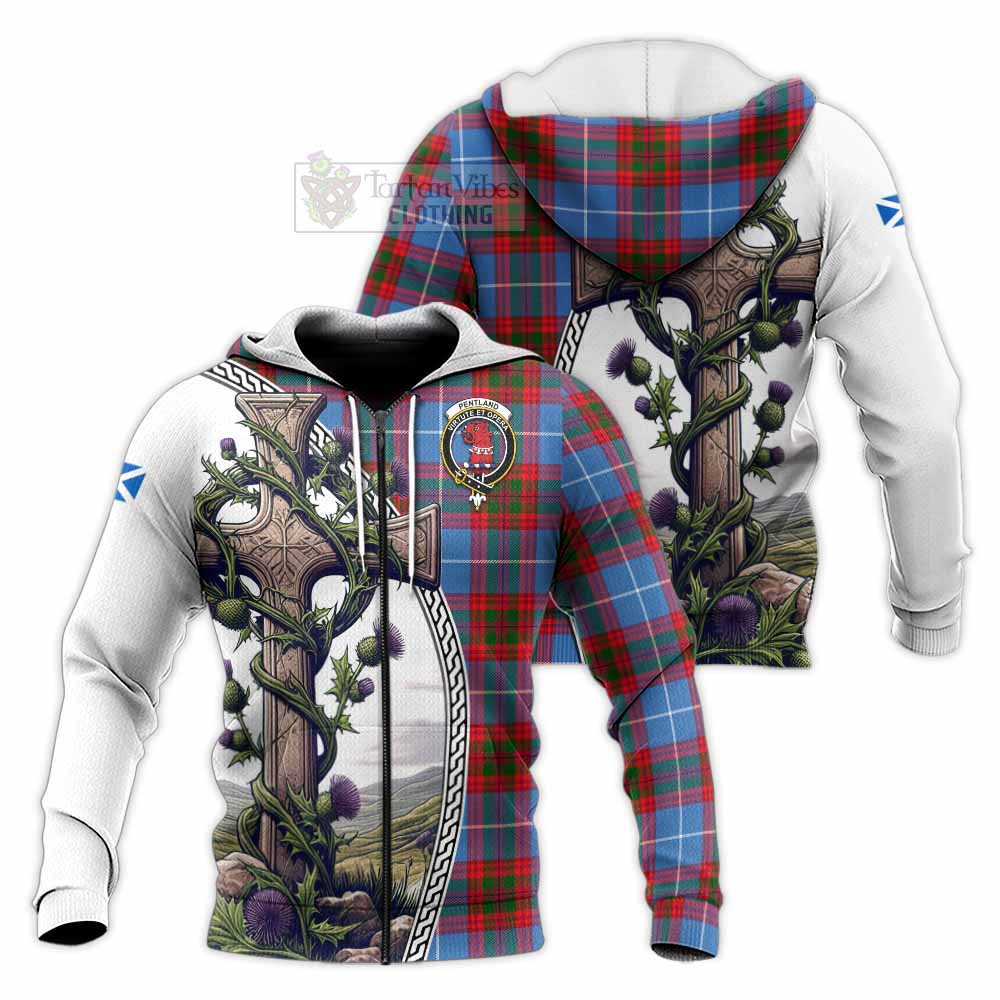 Tartan Vibes Clothing Pentland Tartan Knitted Hoodie with Family Crest and St. Andrew's Cross Accented by Thistle Vines