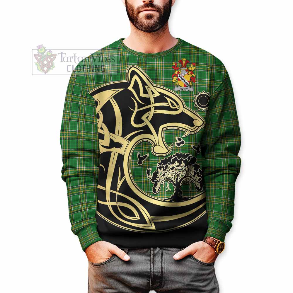 Tartan Vibes Clothing Perry Irish Tartan Sweatshirt with Coat of Arms Celtic Wolf Style