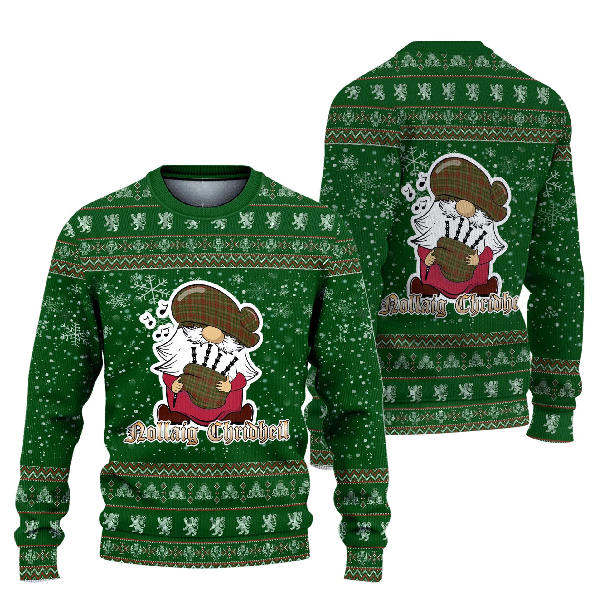 Pierce Clan Christmas Family Knitted Sweater with Funny Gnome Playing Bagpipes Unisex Green - Tartanvibesclothing