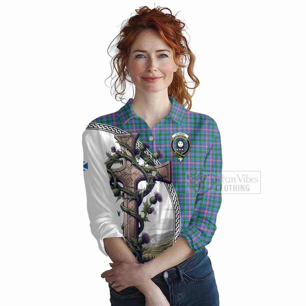 Tartan Vibes Clothing Pitcairn Tartan Women's Casual Shirt with Family Crest and St. Andrew's Cross Accented by Thistle Vines