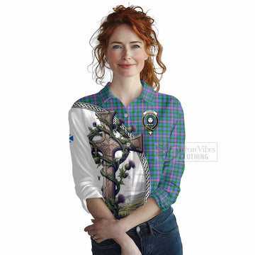 Pitcairn Tartan Women's Casual Shirt with Family Crest and St. Andrew's Cross Accented by Thistle Vines